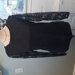 Chicos Size 2 long sleeve Black Lace Blouse with faux Leather like trim